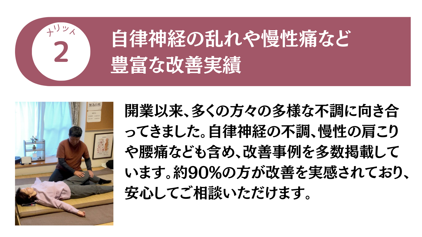 メリット2 自律神経の乱れや慢性痛など豊富な改善実績
開業以来、多くの方々の多様な不調に向き合ってきました。自律神経の不調、慢性の肩こりや腰痛なども含め、改善事例を多数掲載しています。約90%の方が改善を実感されており、安心してご相談いただけます。