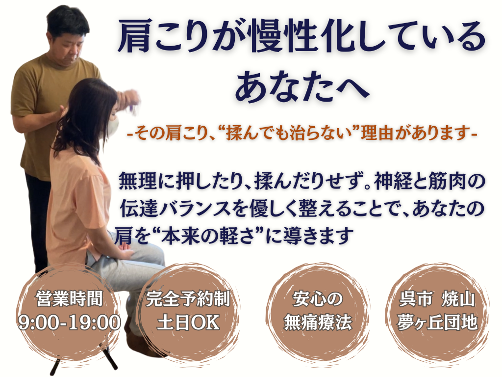 肩こりが慢性化しているあなたへ
-その肩こり、”揉んでも治らない”理由があります-
無理に押したり、揉んだりせず。神経と筋肉の伝達バランスを優しく整えることで、あなたの肩を”本来の軽さ”に導きます