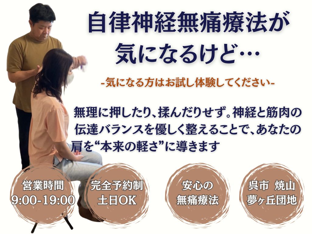 自律神経無痛療法が気になるけど…
-気になる方はお試し体験してください-
無理に押したり、揉んだりせず。神経と筋肉の伝達バランスを優しく整えることで、あなたの肩を“本来の軽さ”に導きます