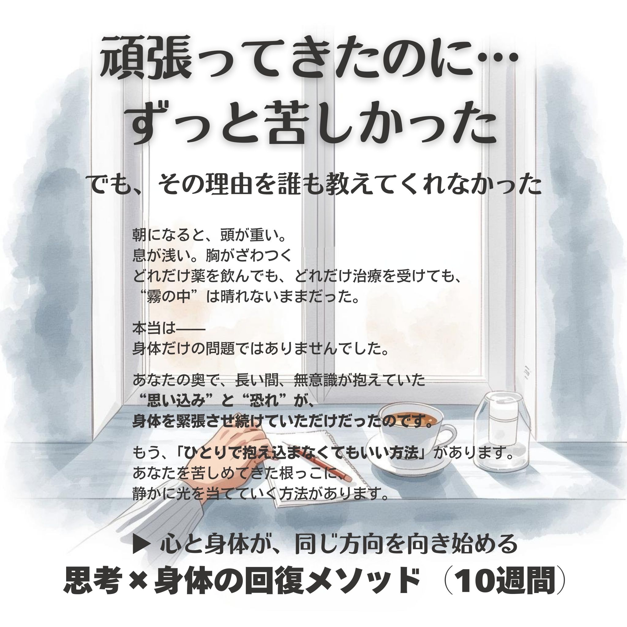 頑張ってきたのに… ずっと苦しかった 

でも、その理由を誰も教えてくれなかった 

朝になると、頭が重い。 息が浅い。胸がざわつく どれだけ薬を飲んでも、どれだけ治療を受けても、 “霧の中”は晴れないままだった。 本当は—— 身体だけの問題ではありませんでした。 

あなたの奥で、長い間、無意識が抱えていた “思い込み”と“恐れ”が、 身体を緊張させ続けていただけだったのです。 もう、「ひとりで抱え込まなくてもいい方法」があります。
 あなたを苦しめてきた根っこに、 静かに光を当てていく方法があります。 ▶︎ 心と身体が、同じ方向を向き始める 思考×身体の回復メソッド（10週間）