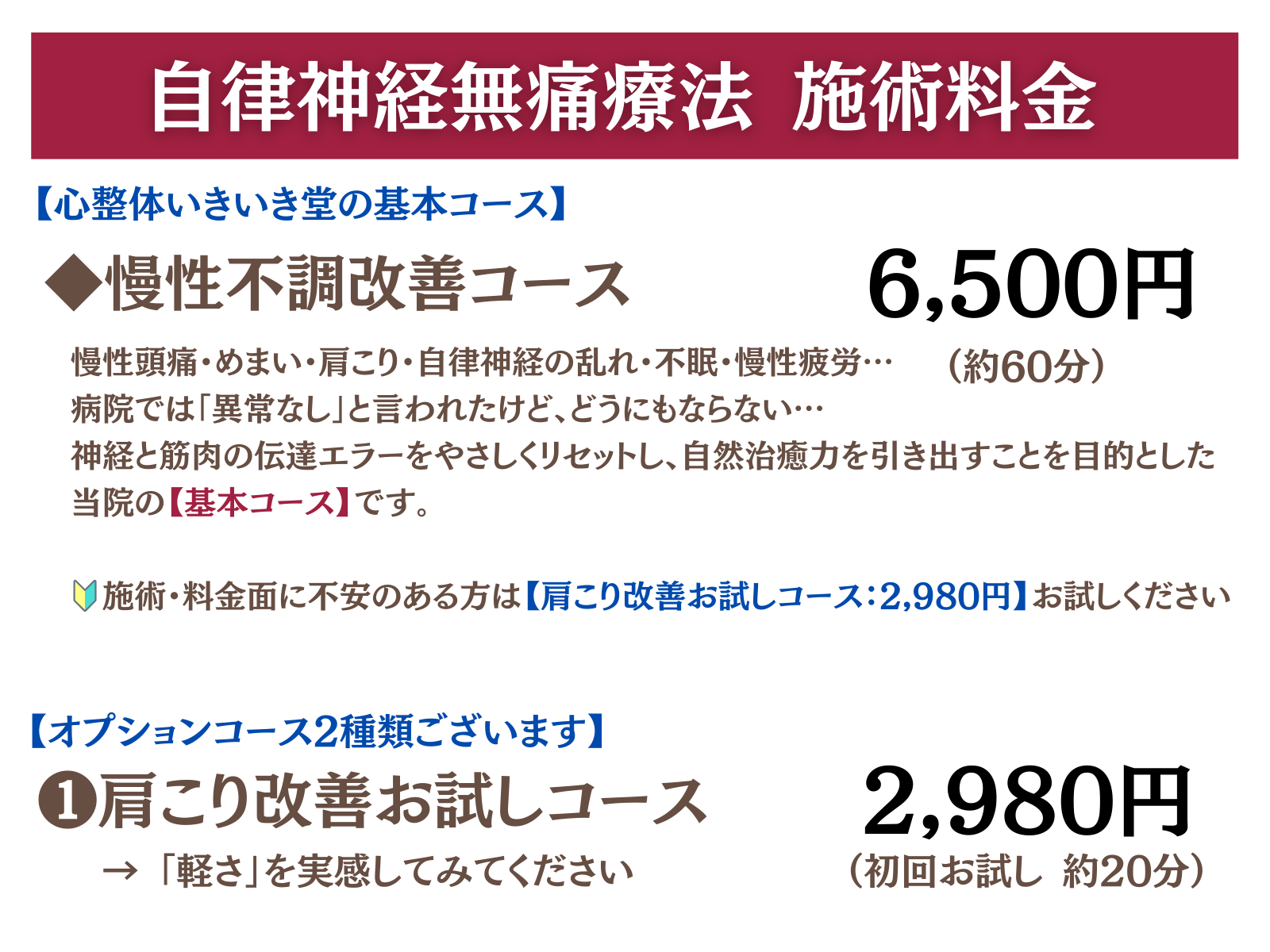自律神経無痛療法 施術料金
心整体いきいき堂の基本コース
◆慢性不調改善コース 6500円（約60分）
慢性頭痛・めまい・肩こり・自律神経の乱れ・不眠・慢性疲労…
病院では「異常なし」と言われたけど、どうにもならない…
神経と筋肉の伝達エラーをやさしくリセットし、自然治癒力を引き出すことを目的とした
当院の【基本コース】です。

🔰施術・料金面に不安のある方は【肩こり改善お試しコース：2,980円】お試しください

オプションコース2種類ございます
❶肩こり改善お試しコース 2980円（初回お試し約20分）
「軽さ」を実感してみてください