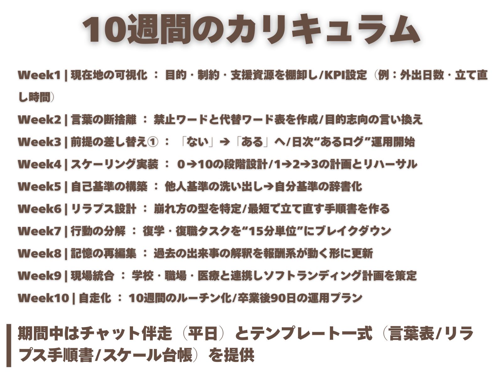 ## 10週間のカリキュラム（1回75分×10）

**Week1｜現在地の可視化**：目的・制約・支援資源を棚卸し／KPI設定（例：外出日数・立て直し時間）

**Week2｜言葉の断捨離**：禁止ワードと代替ワード表を作成／目的志向の言い換え

**Week3｜前提の差し替え①**：「ない」→「ある」へ／日次“あるログ”運用開始

**Week4｜スケーリング実装**：0→10の段階設計／1→2→3の計画とリハーサル

**Week5｜自己基準の構築**：他人基準の洗い出し→自分基準の辞書化

**Week6｜リラプス設計**：崩れ方の型を特定／**最短で立て直す手順書**を作る

**Week7｜行動の分解**：復学・復職タスクを“15分単位”にブレイクダウン

**Week8｜記憶の再編集**：過去の出来事の**解釈を報酬系が動く形に**更新

**Week9｜現場統合**：学校・職場・医療と連携し**ソフトランディング計画**を策定

**Week10｜自走化**：10週間の**ルーチン化**／卒業後90日の運用プラン

> 期間中はチャット伴走（平日）とテンプレート一式（言葉表／リラプス手順書／スケール台帳）を提供。
>